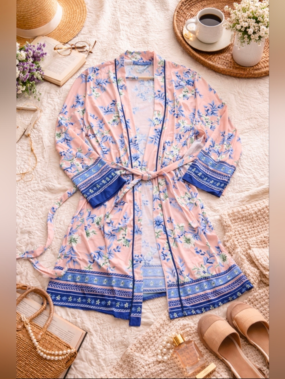 Linea Donatella Pink and Blue Floral Robe Large/Extra Large